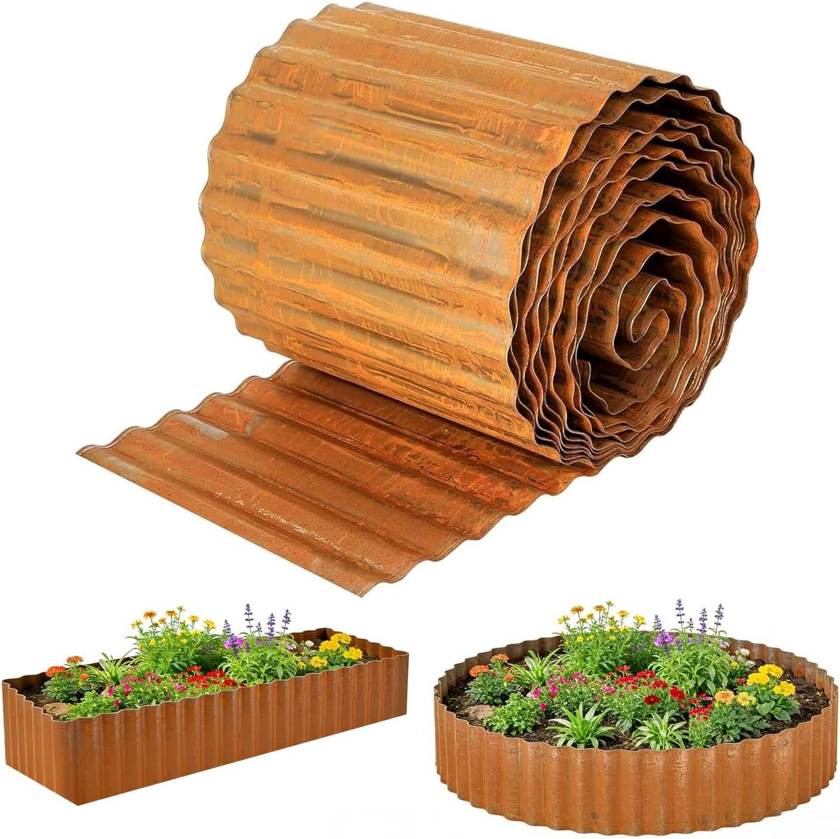 Gazonrand, 10 m - 15,5 cm hoog, metalen perkrand met golfprofiel, flexibele en op maat te snijden, weerbestendige tuinrand van echt Cortenstaal in natuurlijke roestlook