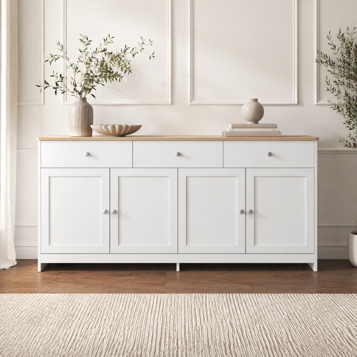 MEUNIQ Buffetkast Dressoir 160 x 37 x 75 cm met 4 deuren, 3 lades en verstelbare planken voor eetkamer, keuken of woonkamer – wit en houtkleur