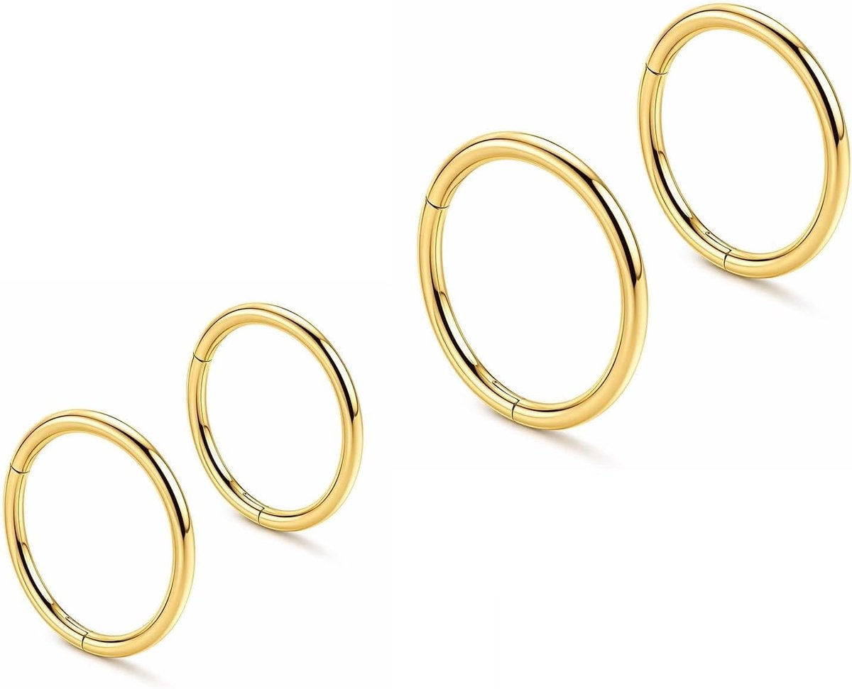 Set van 4 neuspiercings, ring, goud, helixring en rook-piercing, roestvrij stalen neusring met 1,2 mm dikte, 6 mm en 10 mm diameter, clicker voor oorkraakbeen
