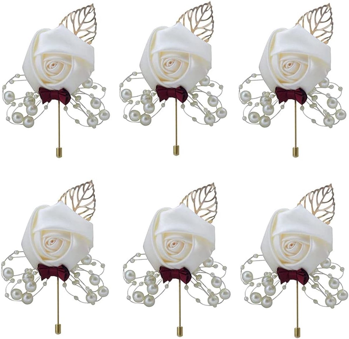 6 stuks bruidegom boutonniere, corsage bruiloft boutonnière, boutonniere bruid, bruiloft boutonnière, voor de bruid, de bruidegom, het bloemenmeisje en de aanwezige gasten, 5*10cm, materiaal