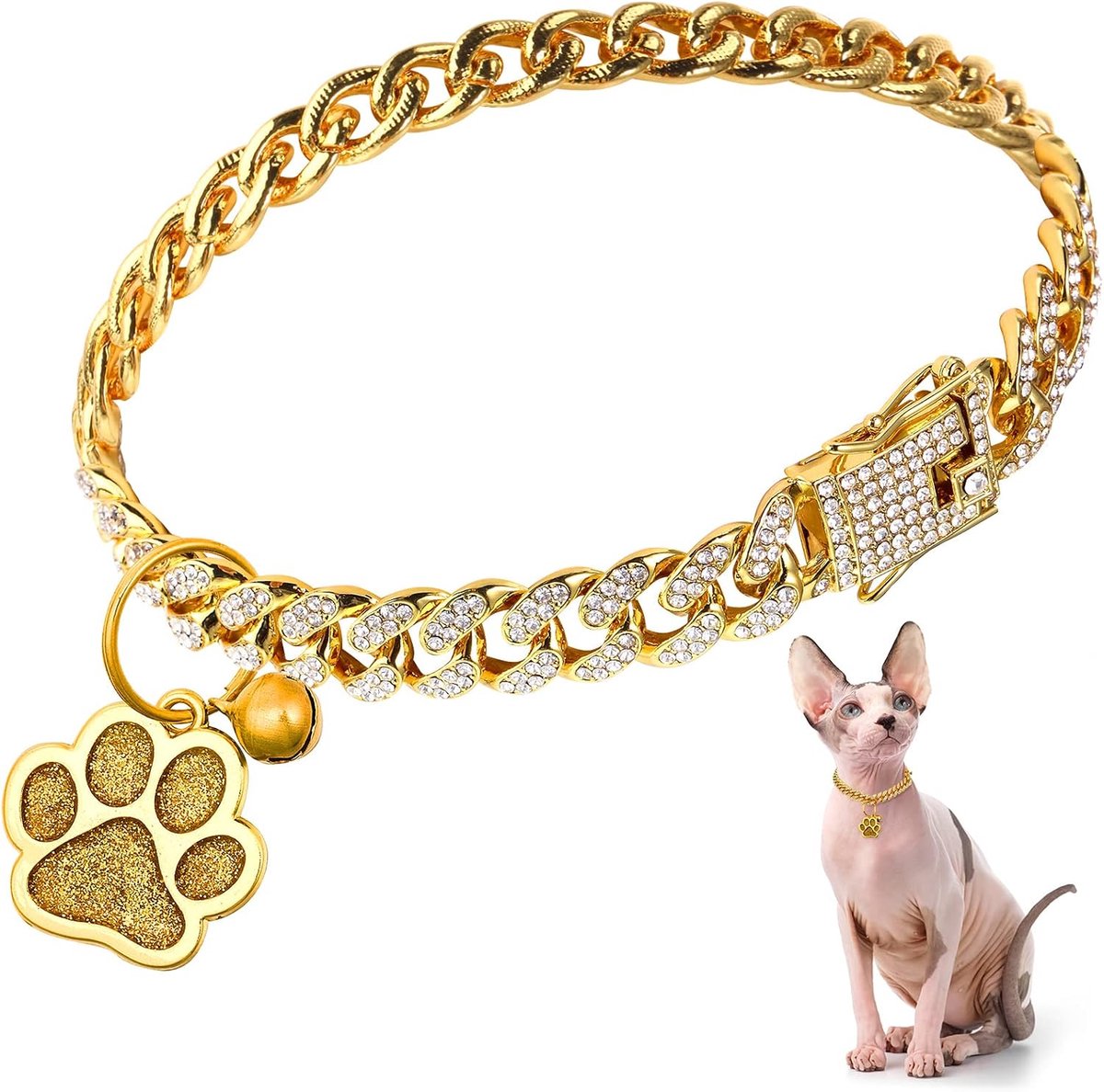 Kattenhalsband, diamanten ketting, glitterkraag, wandelend metaal met veilige gesp, kattenketting met pootbedel en ID-tag, bel, schakel, Cubaanse sieradenaccessoires, cadeau (25,5 cm, goud)