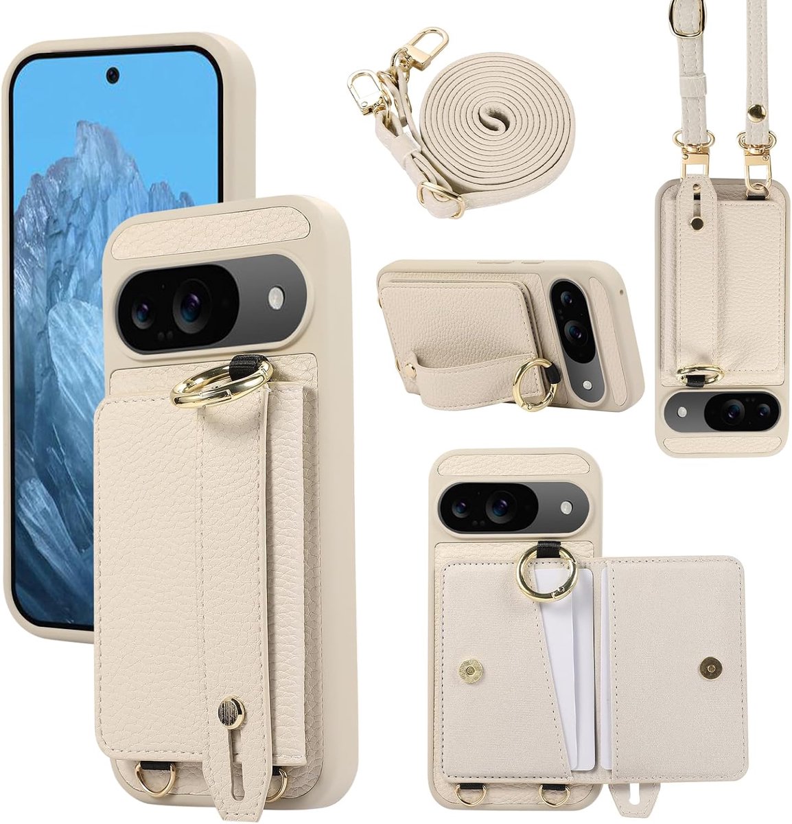 Case voor Google Pixel 11, hoes, crossbody met portefeuille, kaartsleuven, ringstandaard, polsband, portemonnee, telefoonhoes, slank, dun, lederen cover voor Google Pixel 11, wit