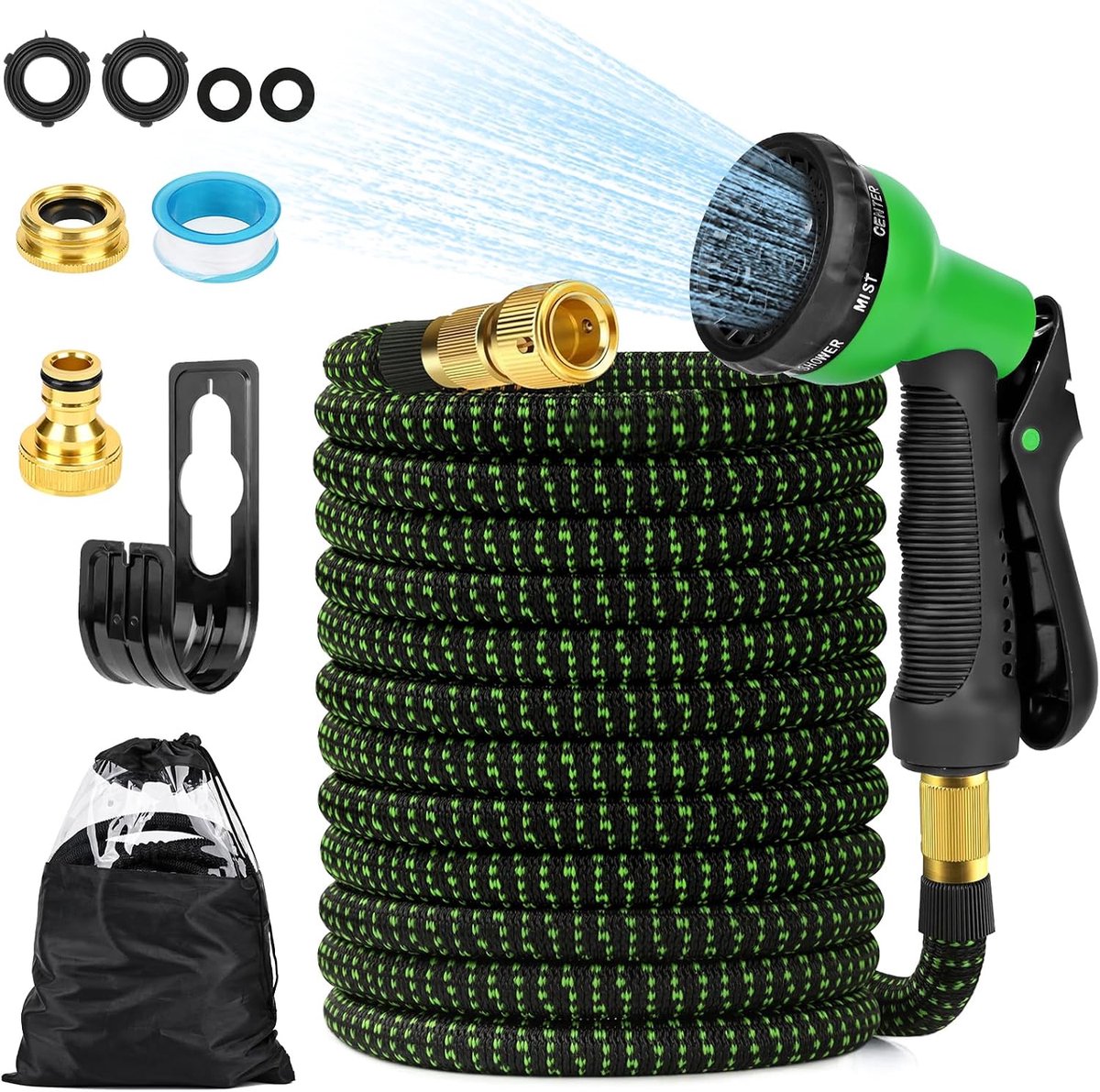 Tuinslang, flexibel, 30 m, uitbreidbare tuinslang, 1/2 en 3/4 kraanaansluiting, sproeikop met 8 functies, met opbergtas, slanghouder, waterslang voor tuin, camper (groen)