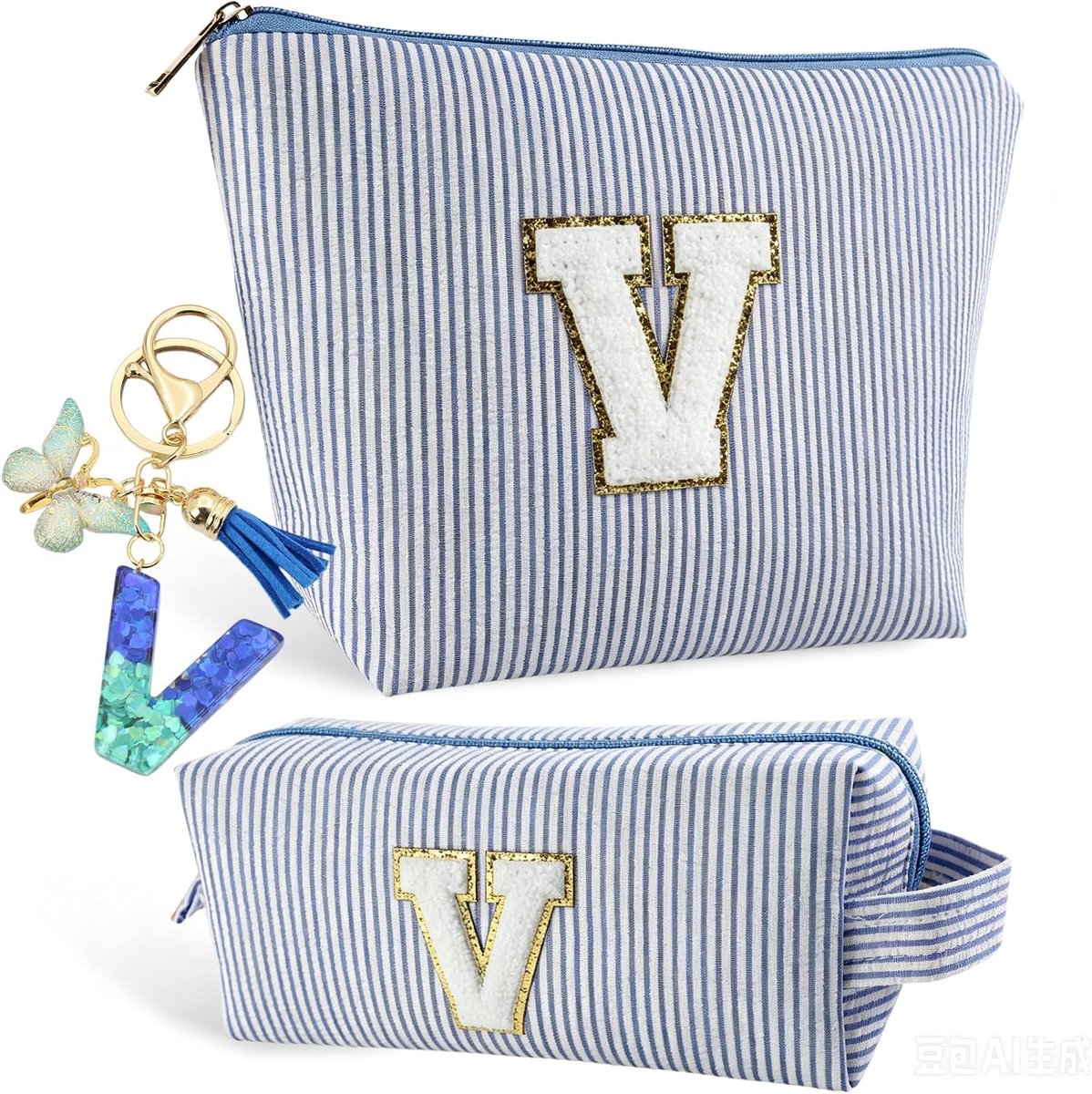 Tas, toilettas en sleutelhanger voor meisjes met initiaal, gepersonaliseerde cadeaus voor moeders, vriendinnen en zussen, kerstcadeaus voor dames, V., V