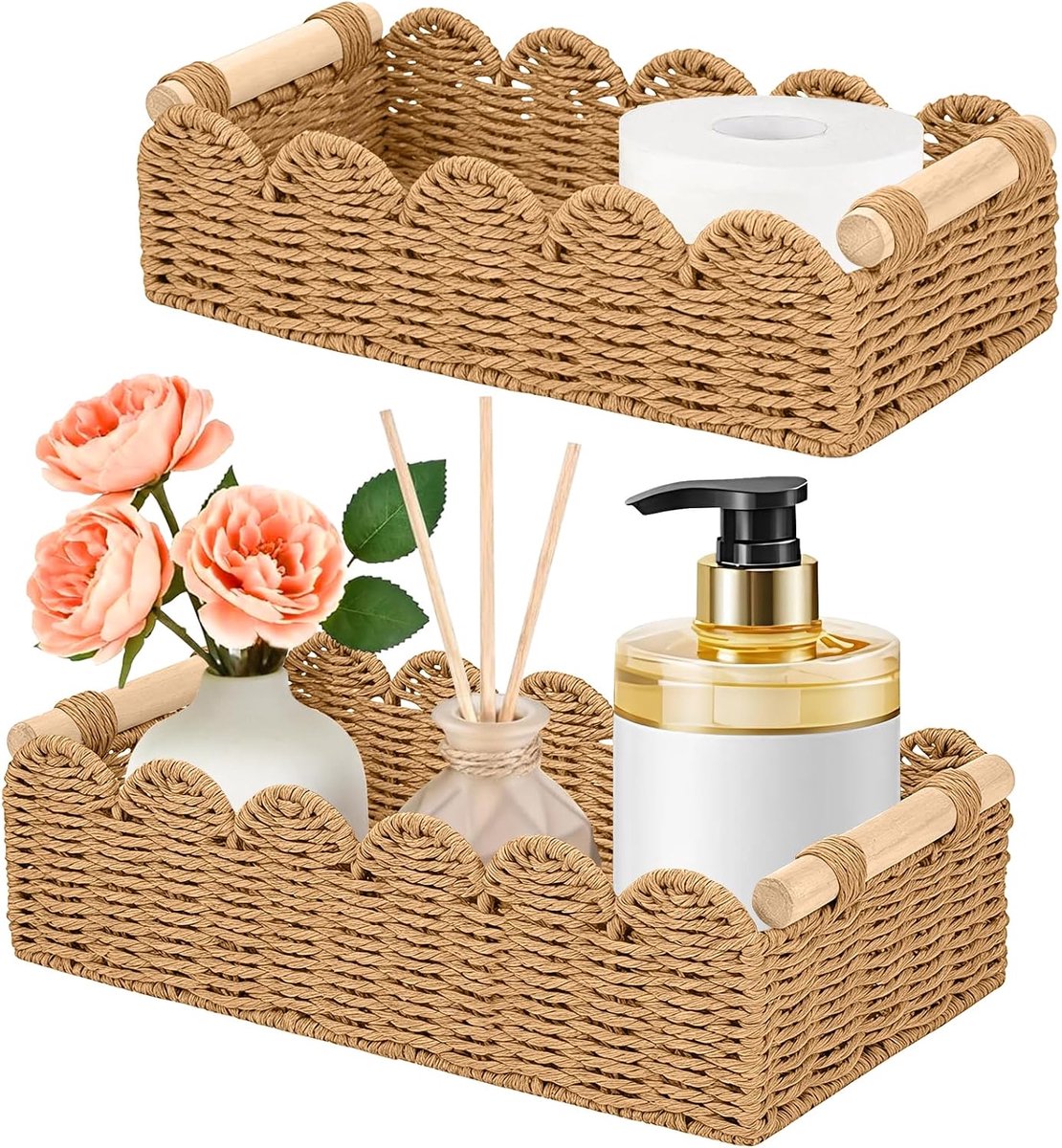 2 Stuks Wilgenmand, Natuurlijke Rotan Opbergmand, Gevlochten Toiletpapiermand met Houten Handgrepen, Geschikt voor Thuis, Slaapkamer, Badkamer en Woningdecoratie
