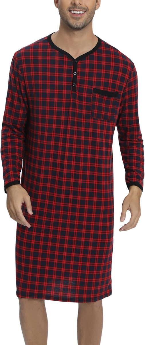 Nachthemd voor heren, katoenen pyjama met lange mouwen, korte mouwen, pyjama-bovenstuk, lang T-shirt, ronde hals met knopen, huiskleding, grote maat, zacht, comfortabel