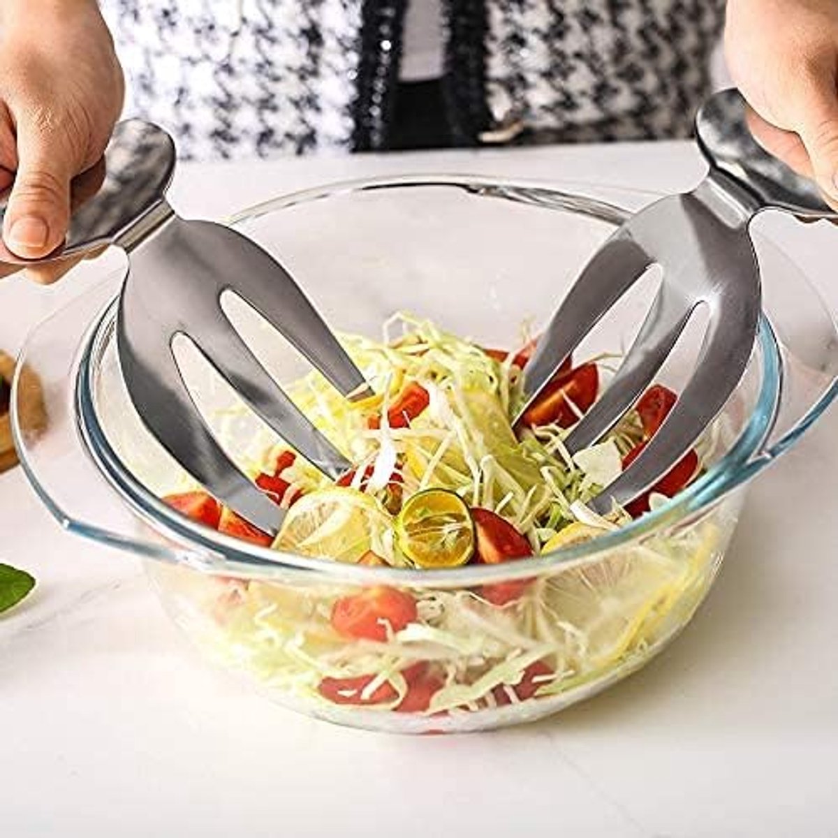 2-delige pak salade handen, roestvrijstalen salade servers voor het serveren en mengen van salade, pasta, fruit en meer op uw aanrecht., 9.4* 16.8