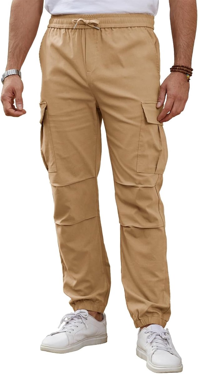 Cargobroek voor heren, elastische tailleband, meerdere zakken met elastische enkel, geschikt voor joggen, fitness en reizen