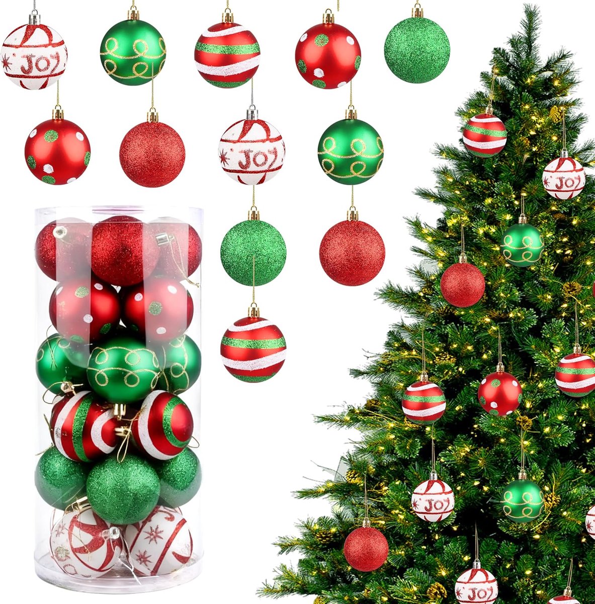 Kerstballen, 6 cm, glitter-kerstballen, rood, groen, wit, dennenboom, kunststof ballen, onbreekbaar, kerstkerstballen voor kerstboom, kerstfeestdecoratie