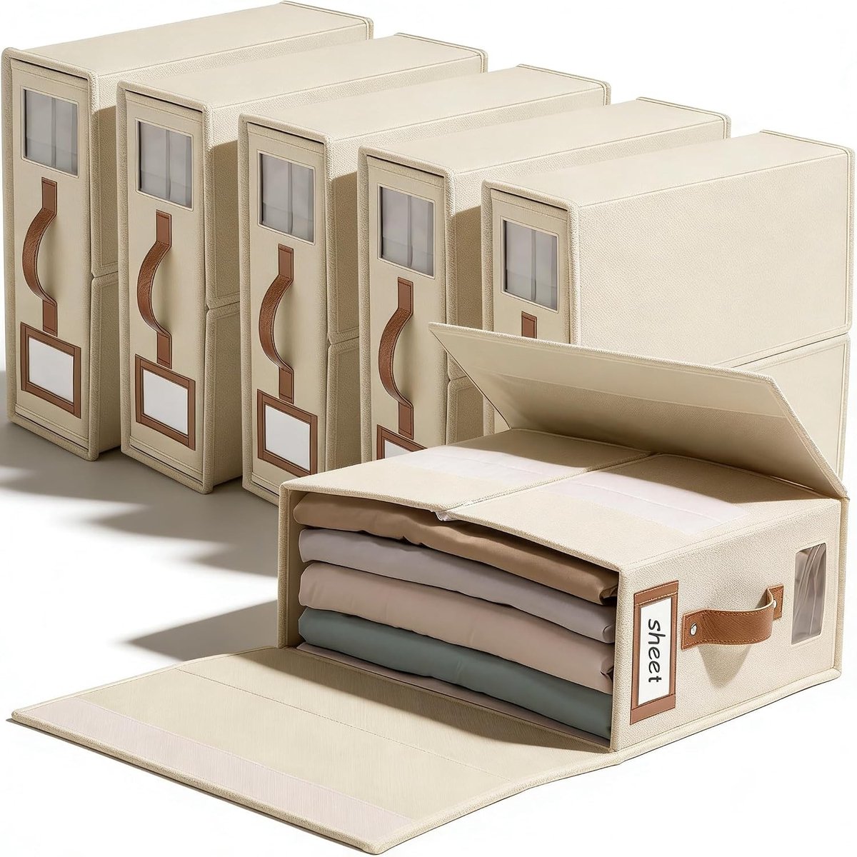 6-Pack Bedlinnen Organizer - Premium Linnen Opbergdoos voor King Size Beddengoed & Dekens - Vouwbare Kledingkast Organizer met Venster - Geen Montage - Crème Wit