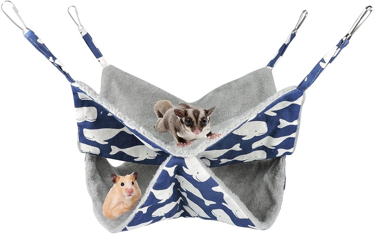 2-laags kleine dierenhangmat, schattig patroon, pluche hangbed, gezellig arctisch fluwelen nest voor hamsters, fretten, cavia's, ratten, chinchilla's (blauw)