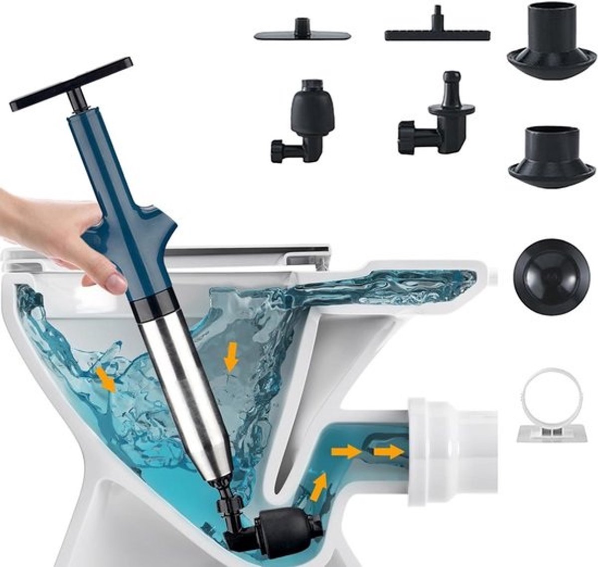 Hogedruk toilet plunjer kit met 4 vervangbare koppen - afvoer ontstopper voor toilet, wastafel, badkuip en douche
