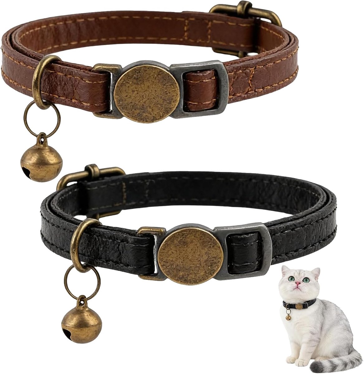 Halsbanden, verstelbare kattenhalsband, lederen kattenhalsband, hondenhalsband, met bel, veiligheidshalsbanden, voor katten en kleine honden (19-30 cm)