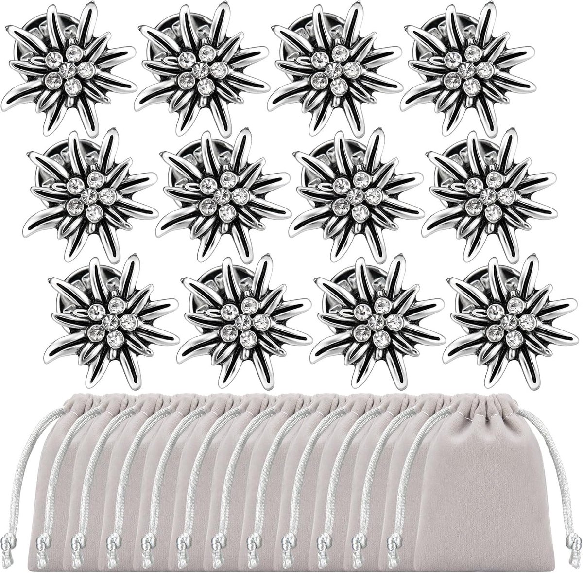 Broche 12 Stuks Pin Traditioneel met Strass Kristal en 12 Fluwelen Zakjes voor Dirndl Bierfeest Trachten Sieraden Dames Heren Alpen Accessoire