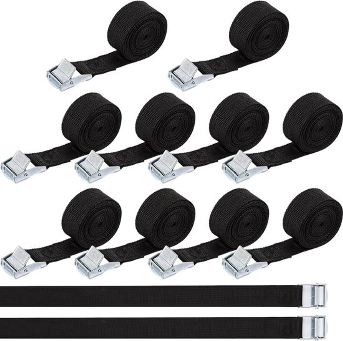 Spanbandenset - Met klemgesp - Voor het vastzetten van lading, transport, bagage, camping - Zwart - 12 stuks - 2 meter - 25 mm