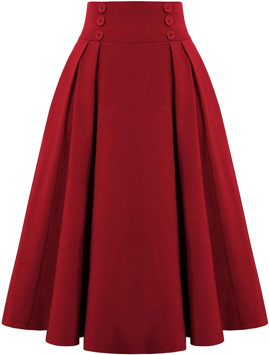 Damesrok, hoge taille, geplooid, uitlopend, trapezium, portefeuille, lente, zomer, herfst, winter, A-lijn, herfst, winter, lang, midi, A48