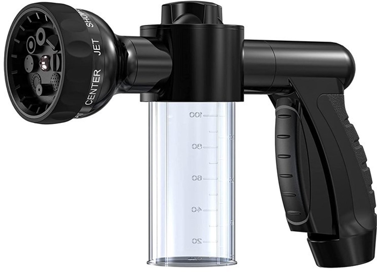 Douchesproeier voor honden – Verbeterde 8-in-1-standen – Hondenshampoosproeier – Inclusief zeepdispenser van 100 ml – Geschikt voor het wassen van huisdieren en het besproeien van gazons, terrassen en auto's – Zwart