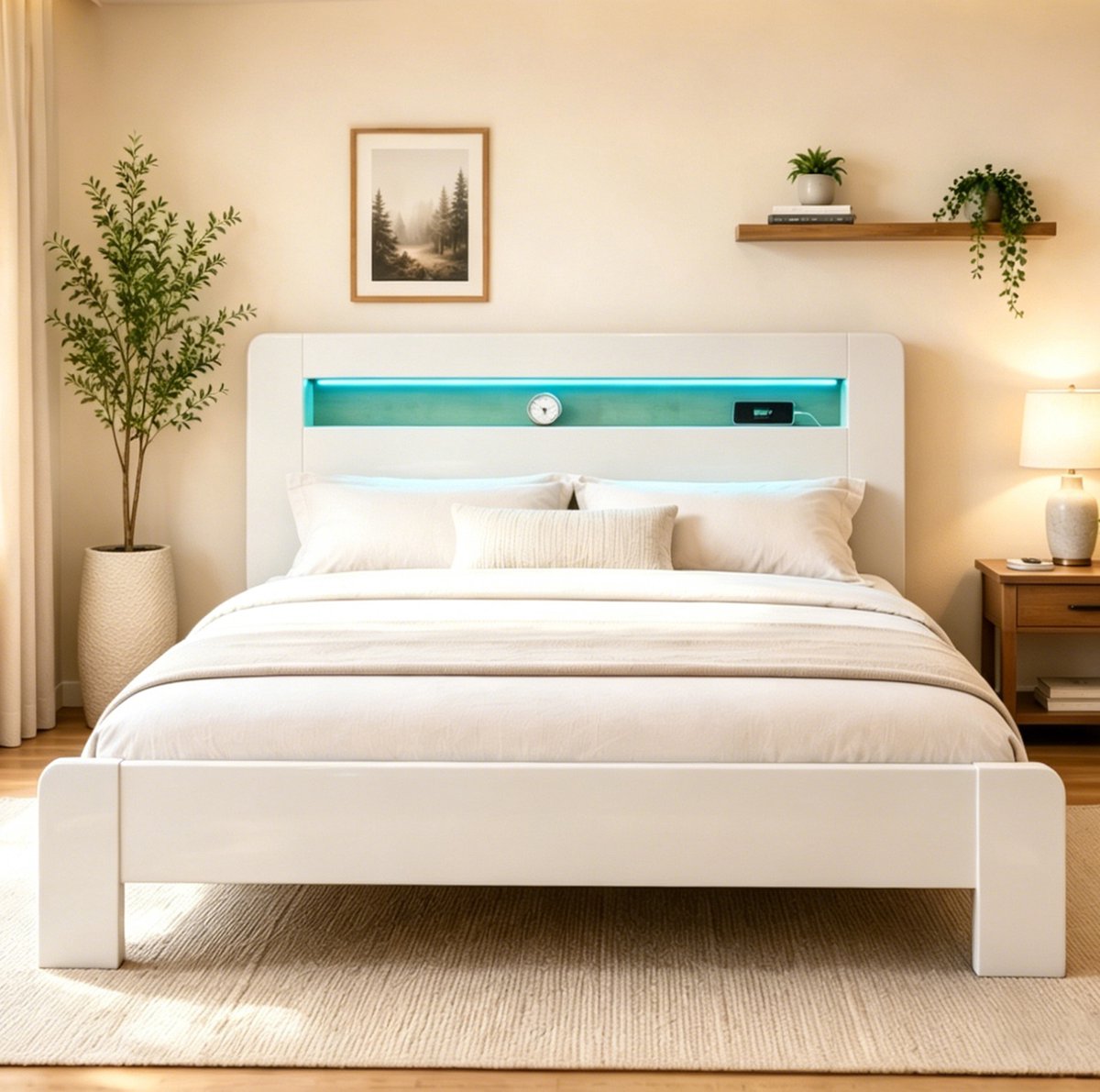 MEUNIQ Tweepersoons bedframe 180 x 200 cm met opberghoofdbord, LED-verlichting, ingebouwde stopcontacten en lattenbodem voor slaapkamer - wit