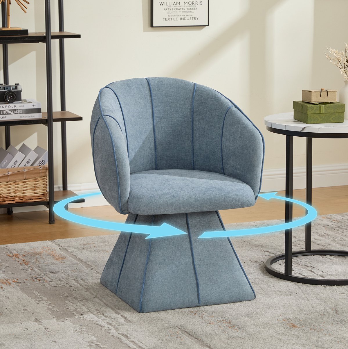 MEUNIQ Draaibare fauteuil van blauwe chenille, 56 x 54 x 74,5 cm, met hoge ergonomische rugleuning, armleuningen en 360° draaifunctie voor woon- of slaapkamer