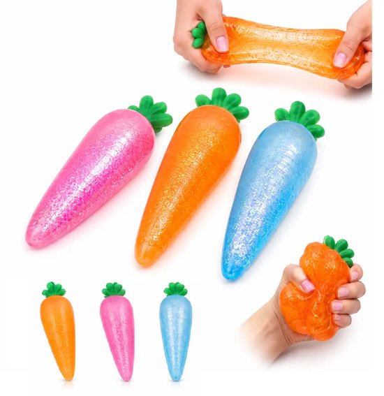 Drie glinsterende wortel-vormige squishies in roze, oranje en blauw. Ook een hand die oranje squishy uitrekt en knijpt.
