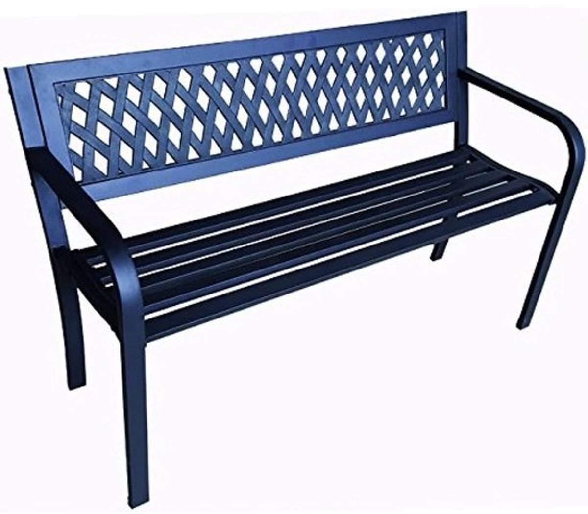 Houten tuinbank met stalen frame en rugleuning