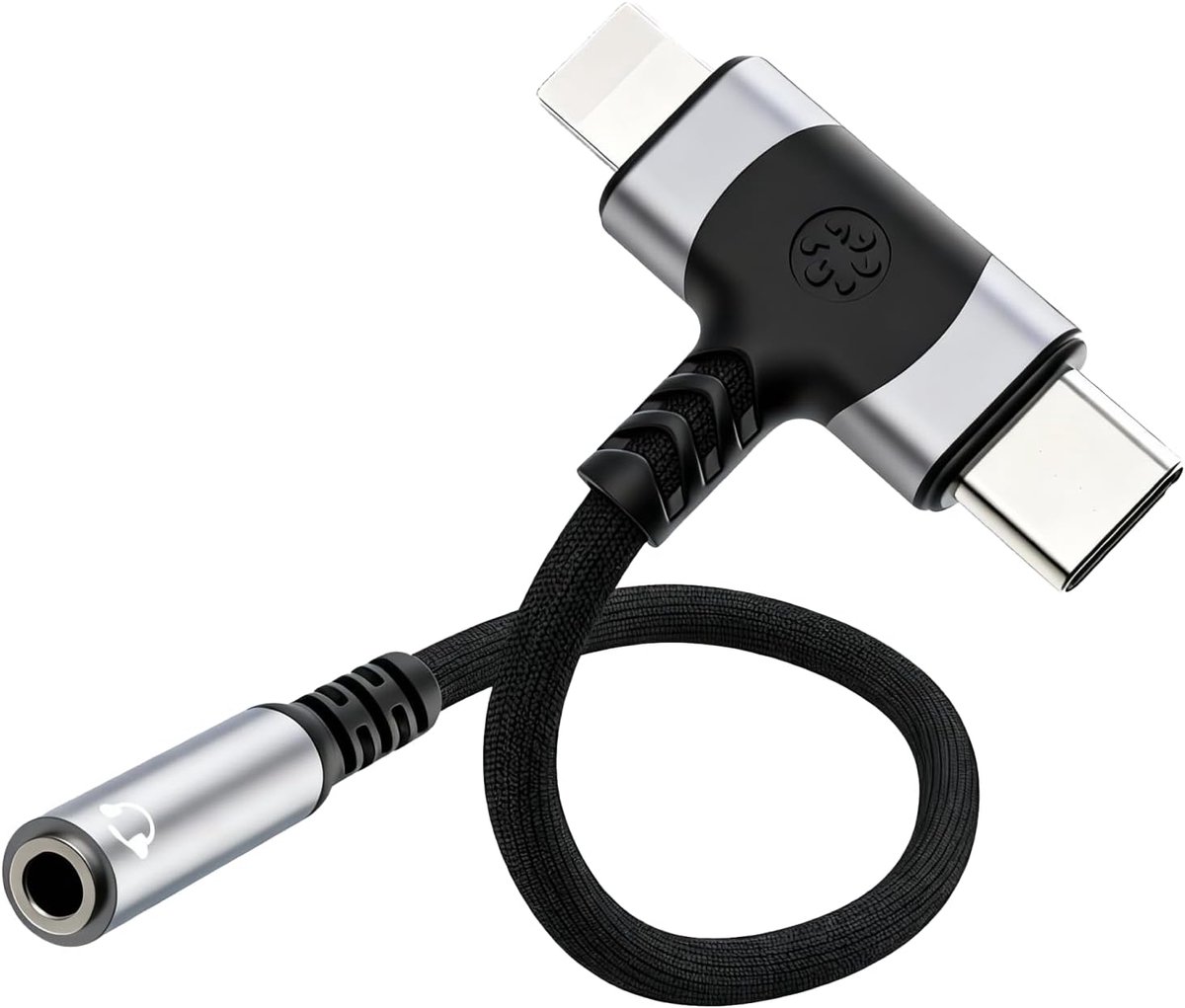 2-in-1 USB-C & Lightning naar 3,5 mm hoofdtelefoonadapter, HiFi audio-adapter met DAC-chip, USB-C/Lightning naar jack Aux-adapter, compatibel met iPhone 16/15/14/13, Samsung S24/S23/S21, MacBook, iPad
