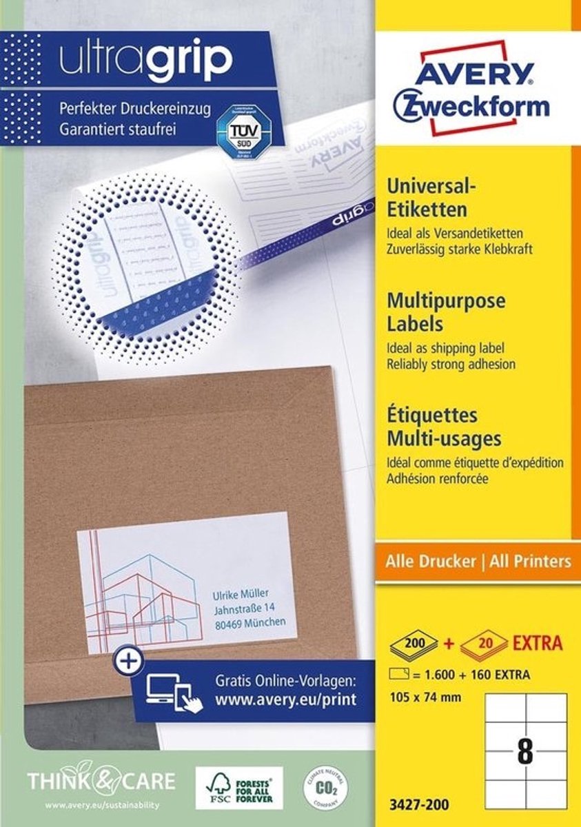 Zweckform 3427-200 universele etiketten 105 x 74 mm A4 1600 plus 160 zelfklevende etiketten extra bedrukbare verzendlabels zelfklevende verzendstickers met ultragrip 220 vellen wit