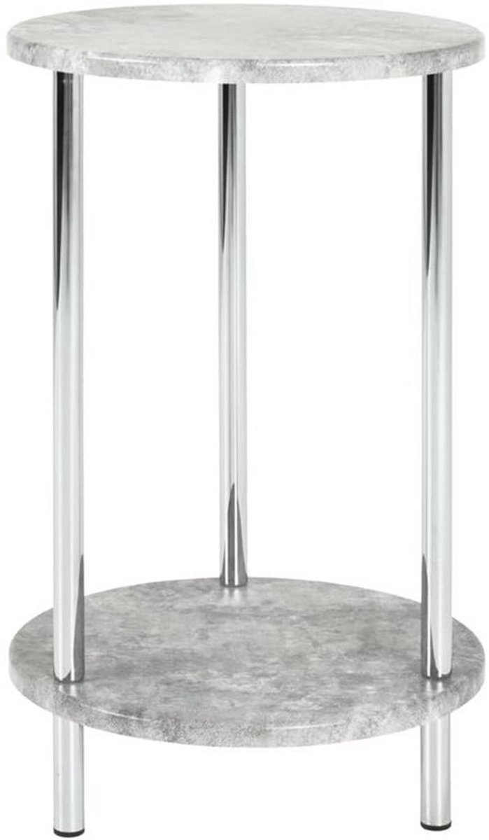 Bijzettafel Betonlook met Chroom Frame - MDF en Metaal, Hoogglans Afwerking, Rond Design, H 50 cm x Ø 30 cm, Modern