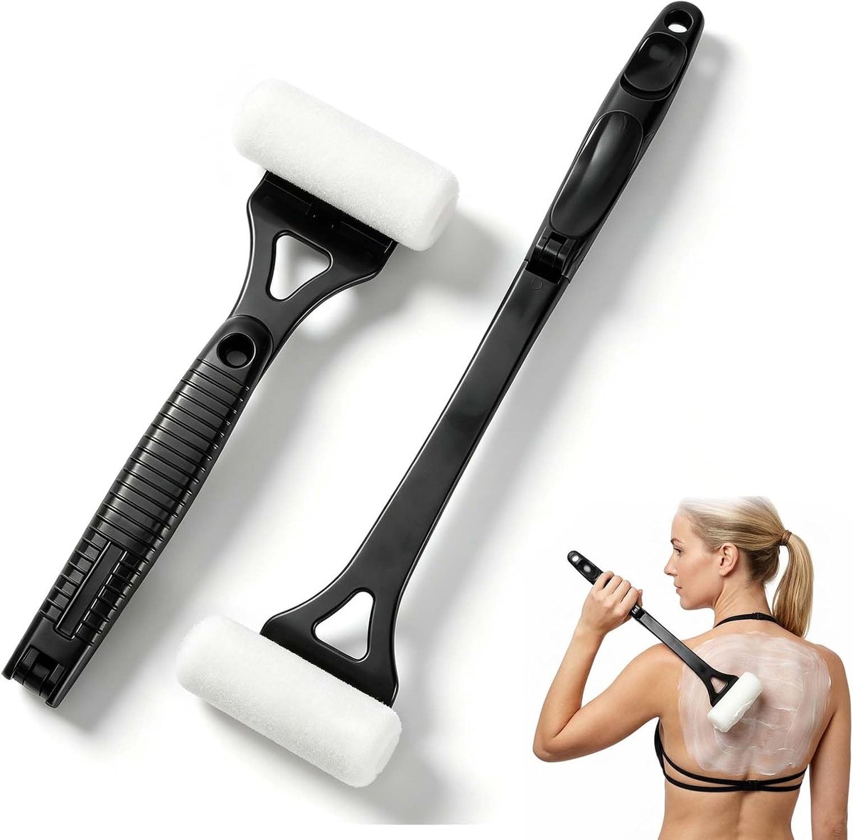 hulp voor rug, rugcrème, 46,5 cm, opvouwbaar, met 2 schuimrollen, lotionapplicator met lange handgreep, zwart, voor bodylotion, zonnebrandcrème, zelfbruiner, douchegel, benen en voeten