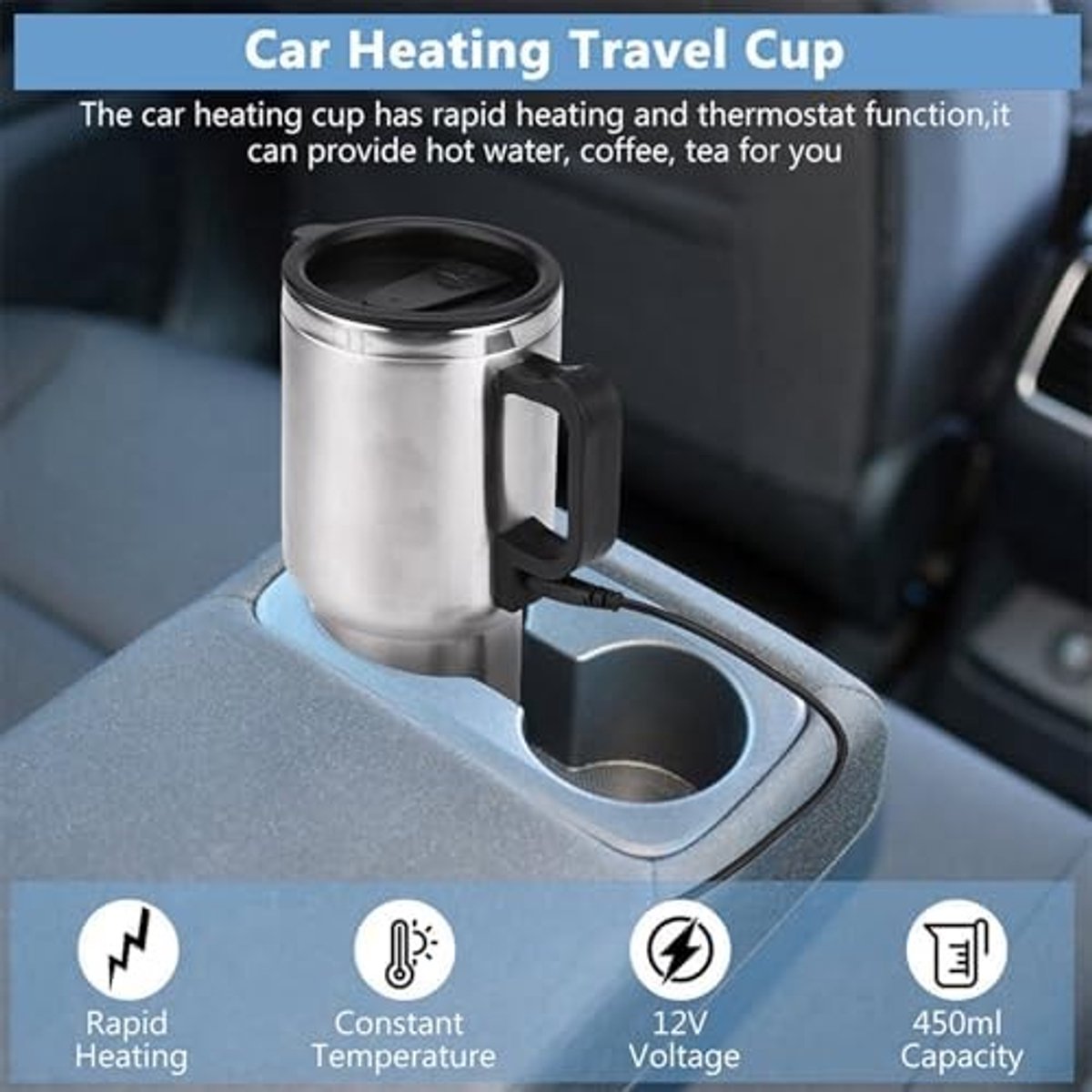 Heated travelbeker 450ml voor auto met 12V verwarming - RVS koffie, thee en melk met afsluitbare deksel