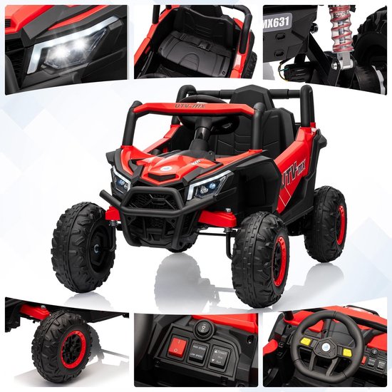 Collage van een rode kinderquad: detailopnamen van koplampen, stoelen, schokdempers, banden, bedieningspaneel en stuur.