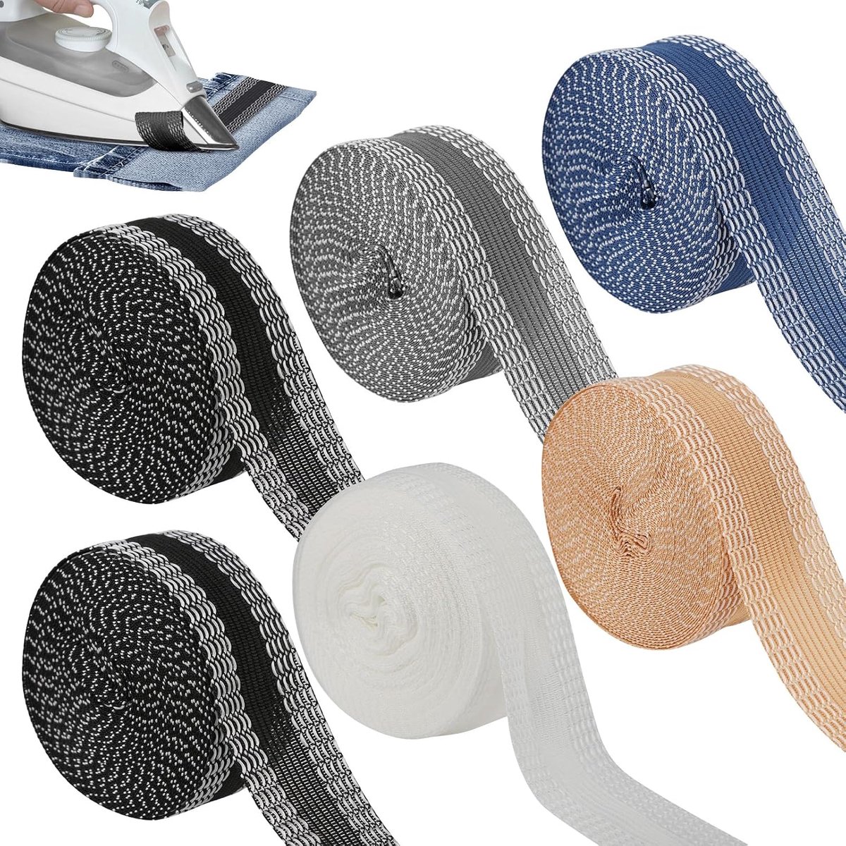 6 rollen zoomband om op te strijken, 5 m x 2,5 cm, zelfklevende zoomband voor kleding, gordijnen inkorten zonder naaien, sterke hechting voor broeken, kleding, stoffen