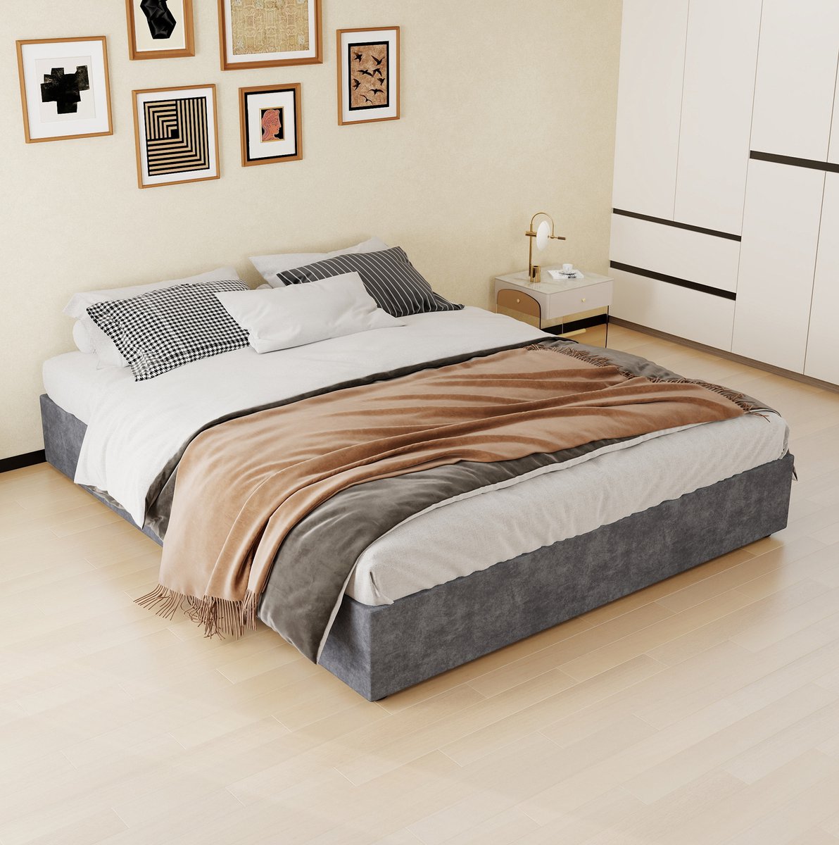 MEUNIQ tweepersoons bedframe 160 x 200 cm met gasveren en opbergruimte, stoffen bekleding, lattenbodem en matras, grijs voor de slaapkamer