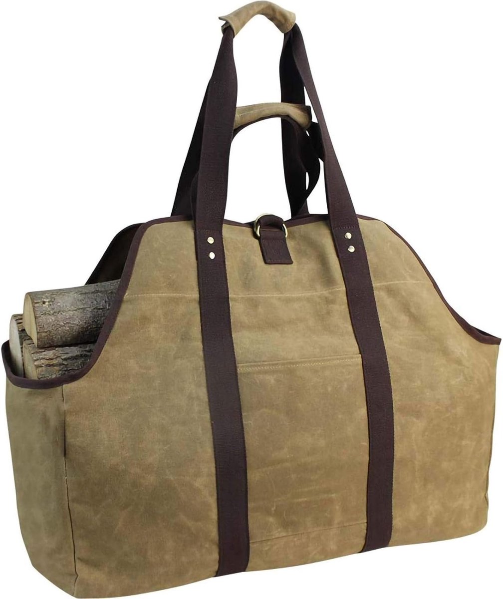 Houtdraagtas voor Haardhout – Waxed Canvas – Khaki – met Handgrepen en Schouderriem – Grote Houtzak voor Open Haard en Houtkachel – Waterafstotend – Met Zijvakken