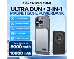 Ultra Slim Magnetische Powerbank – Aluminium 5000 mAh of 10000 mAh – 15W Draadloos Opladen – 20W USB-C Snelladen – FS Power Pack F20S – Externe Batterij met Batterijdisplay – Dun en Compact voor Onderweg – Metalen Behuizing – USB-C Input/Output