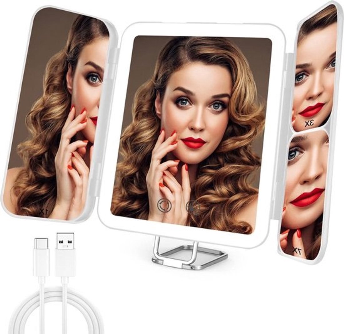 Verlichte Make-up Spiegel met LED Licht - Drie-Kleur Lichtinstellingen - Trifold Vanity Spiegel - 3X/7X Vergroting - Oplaadbaar - Kaptafel Badkamer Slaapkamer