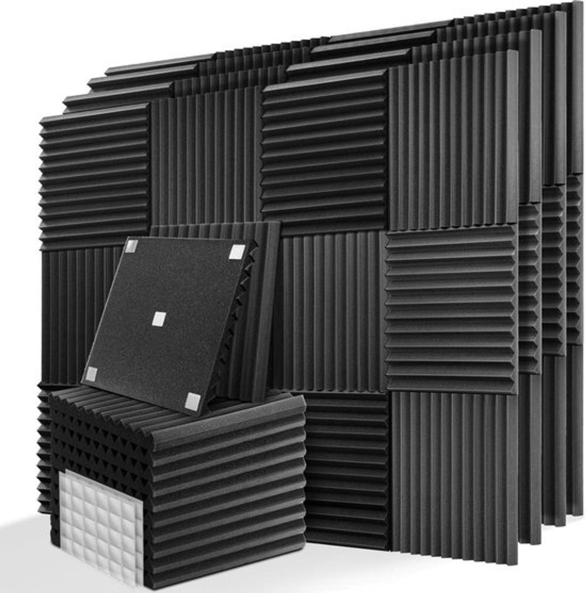 Zwart geluidsabsorberend akoestisch schuim met dubbelzijdige sticker - 60 stuks - voor podcasts, opnamestudio's, kantoren, thuisonderwijs - schuimmat 30x30x25 cm