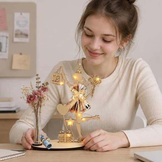 Verjaardag vrouw meisjes, geldgeschenk 18e verjaardag meisje - Houten bord gastenboek met led-lichtsnoer, reageerbuis en strik, jeugdfeest, verjaardagscadeau, decoratief hout — afbeelding 3