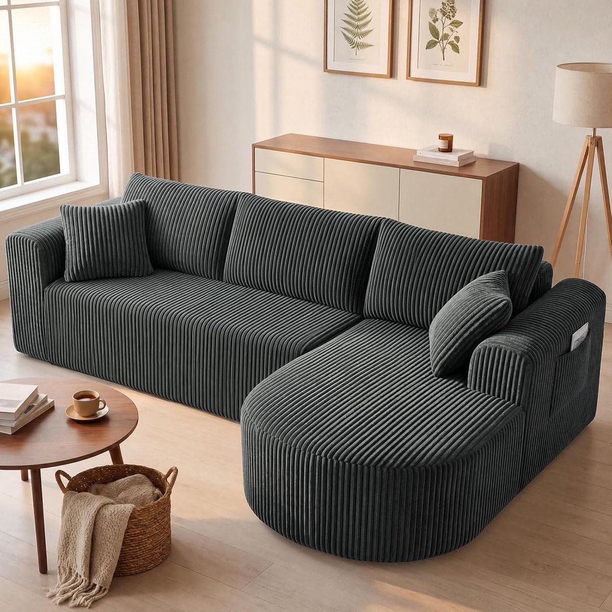 Hoekbank met slaapfunctie, 243 cm, corduroy, modulaire boneless bank met chaise longue, L-vormige slaapbank, sectionele banken met kussen en zijzakken, bank voor woonkamer, geen montage, grijs