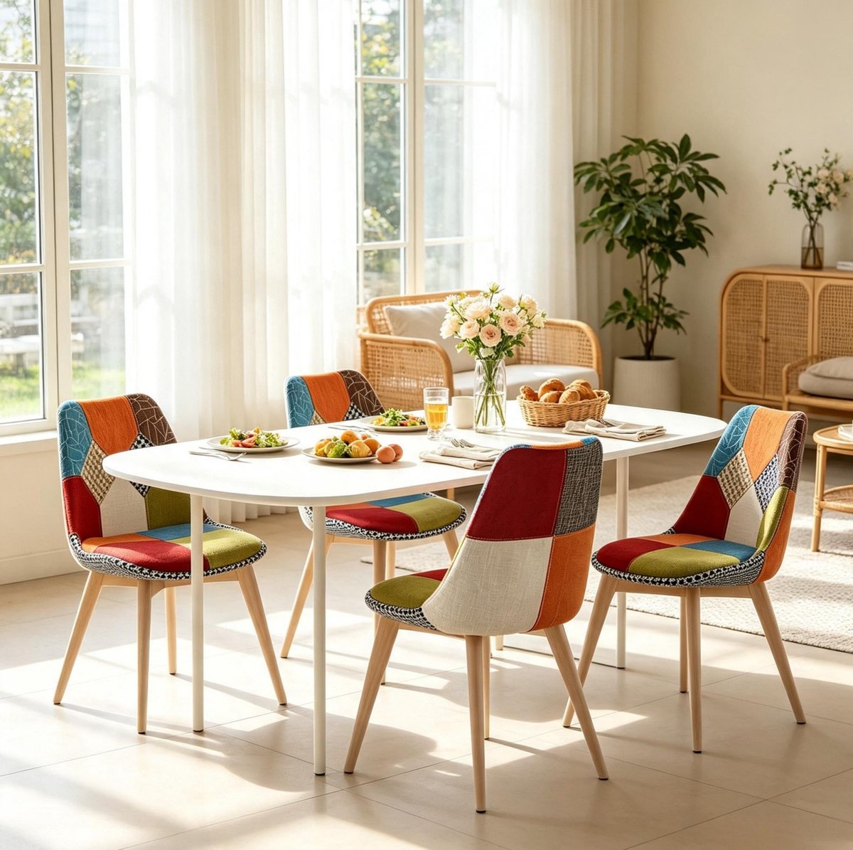 MODENUIT Eetkamerstoel 56 x 47 x 81,5 cm - Set Van 4 Met Gewatteerde Zitting - Voor Eetkamer - Stof Multicolor Meerkleurig