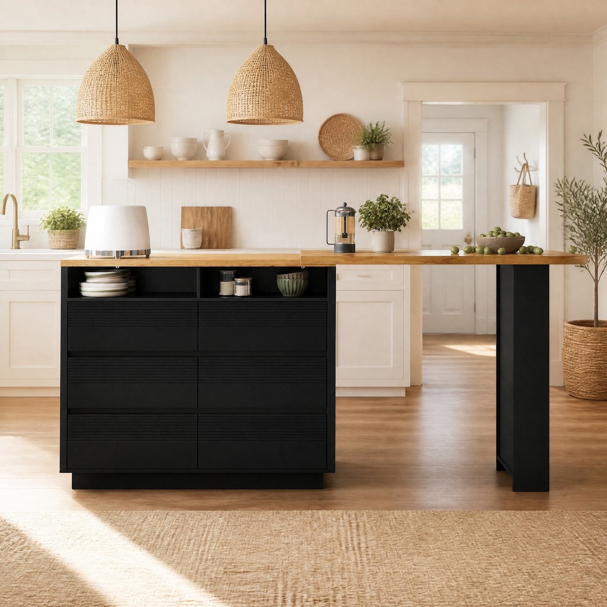 MEUNIQ Uitschuifbare bartafel met opbergruimte, 6 lades en verrijdbaar tafelblad – 137-215 x 39 x 102,3 cm – zwarte hoge tafel voor keuken en eetruimte