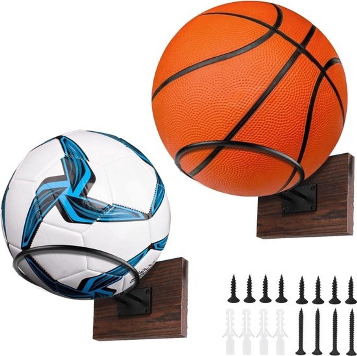 Wandbalhouder 2 stuks houten basketbalhouder - muurbevestiging balrek voor basketbal - inclusief schroeven