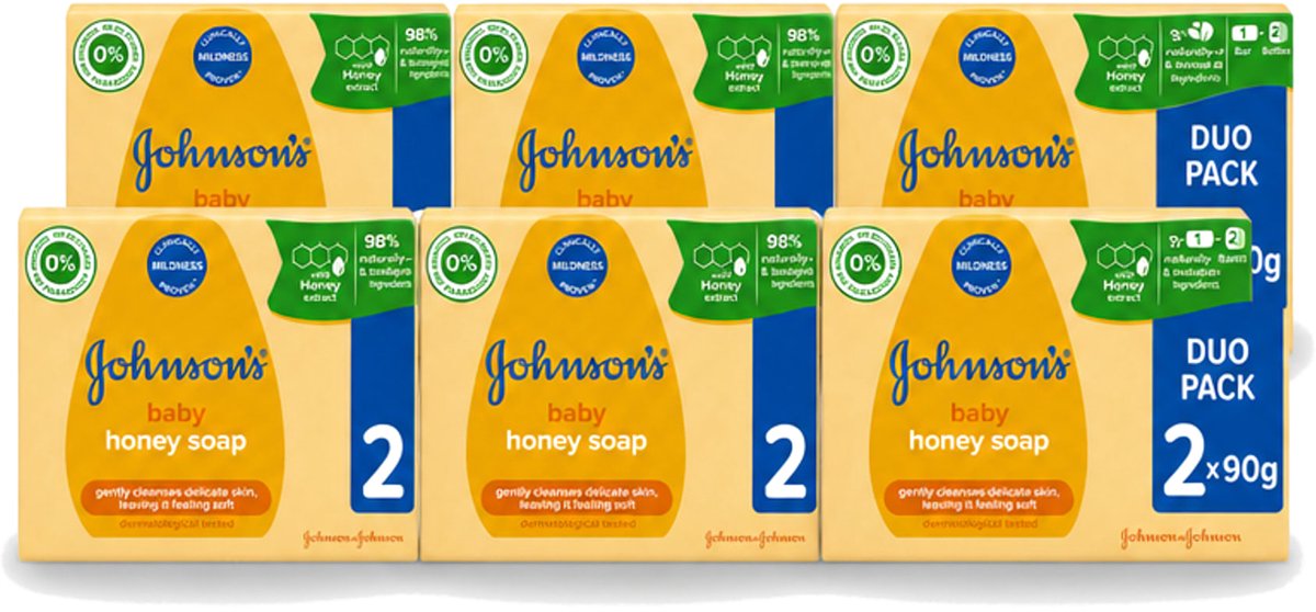 6 x Johnson's - Baby Honey Soap - Zacht - Reinigt Gevoelige Huid - 2 x 90 g - Voordeelverpakking - 6 stuks