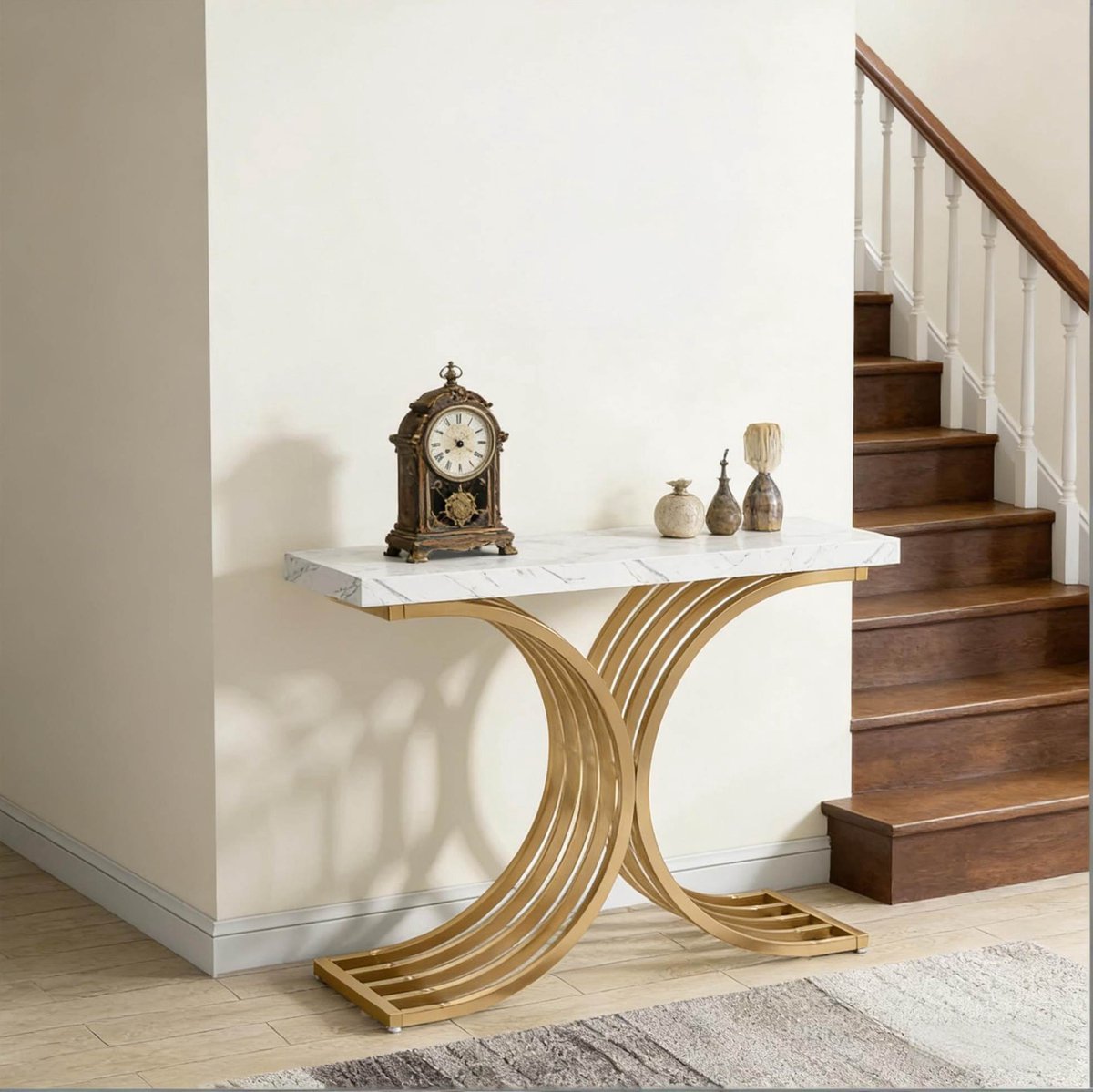 MEUNIQ Sidetable 100 x 30 x 80 cm met rechthoekig marmerlook blad en goudkleurig metalen onderstel voor hal of woonkamer - wit