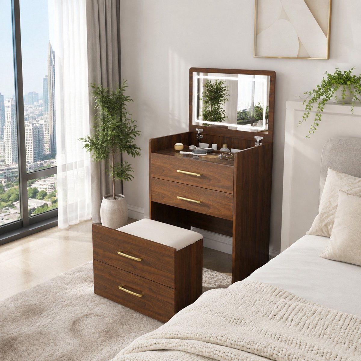 MEUNIQ 3-in-1 kaptafel met opklapbare spiegel, glazen blad, 3 lades en kruk, 60 x 40 x 118 cm, walnootkleurig, voor slaapkamer