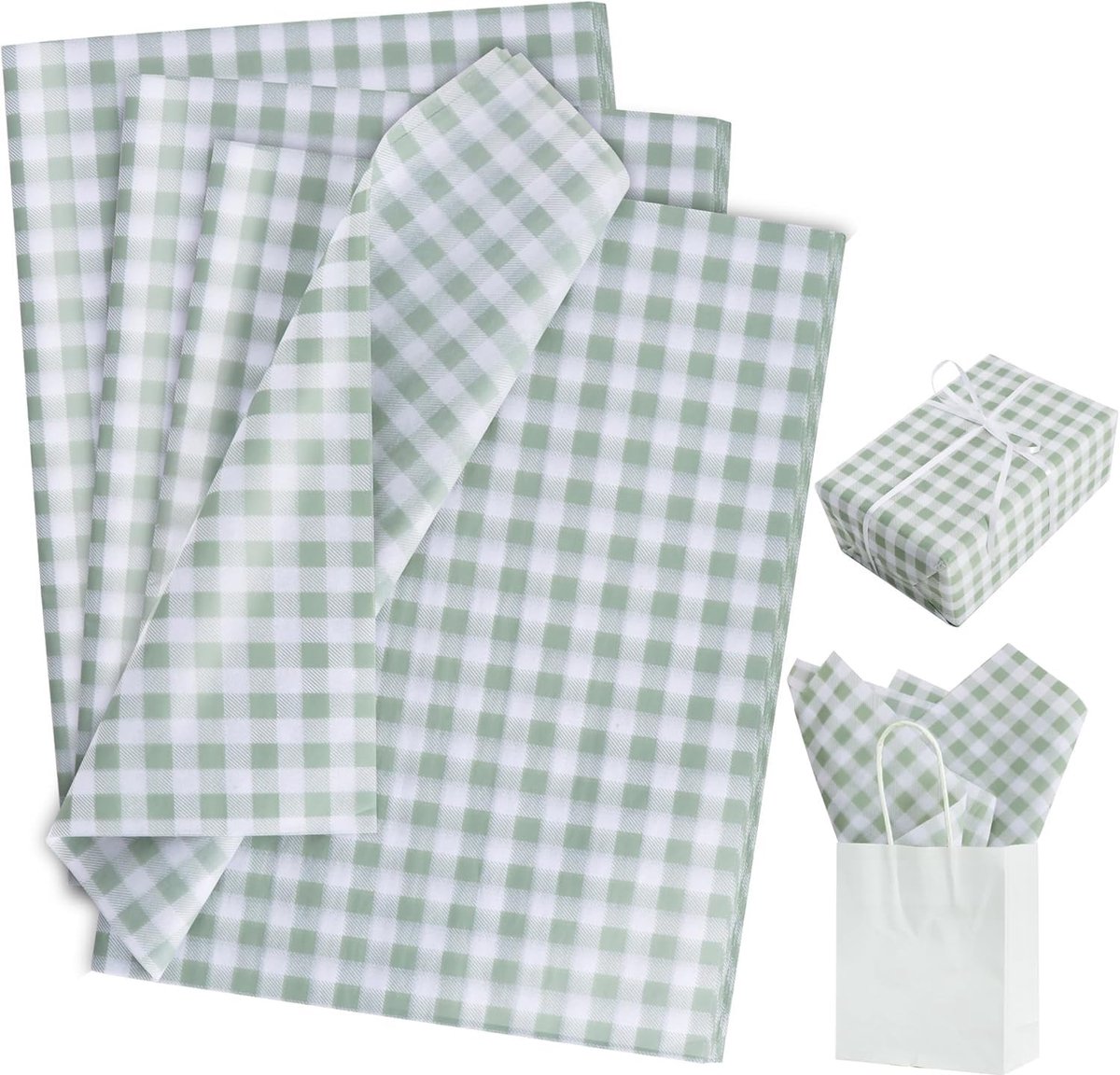 50 Vellen 14x20 inch Groene en Witte Geruite Cadeaupakketten - Zijdeachtig Inpakpapier voor Verjaardag, Kerst, Bruiloft en Doe-Het-Zelf Creaties