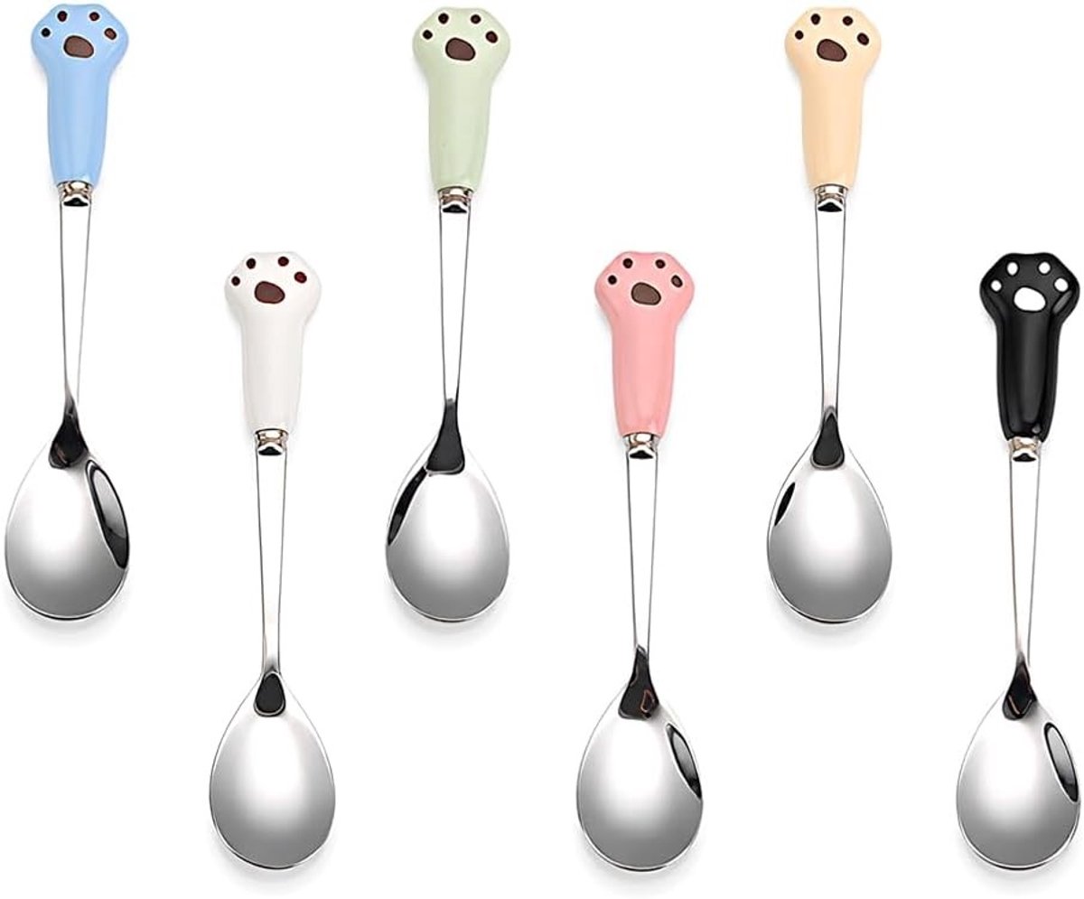 Koffielepels - Veelkleurig - 12,6 cm - Roestvrijstalen Set met 6 Stuks - Voor Kattenvoer en Thee