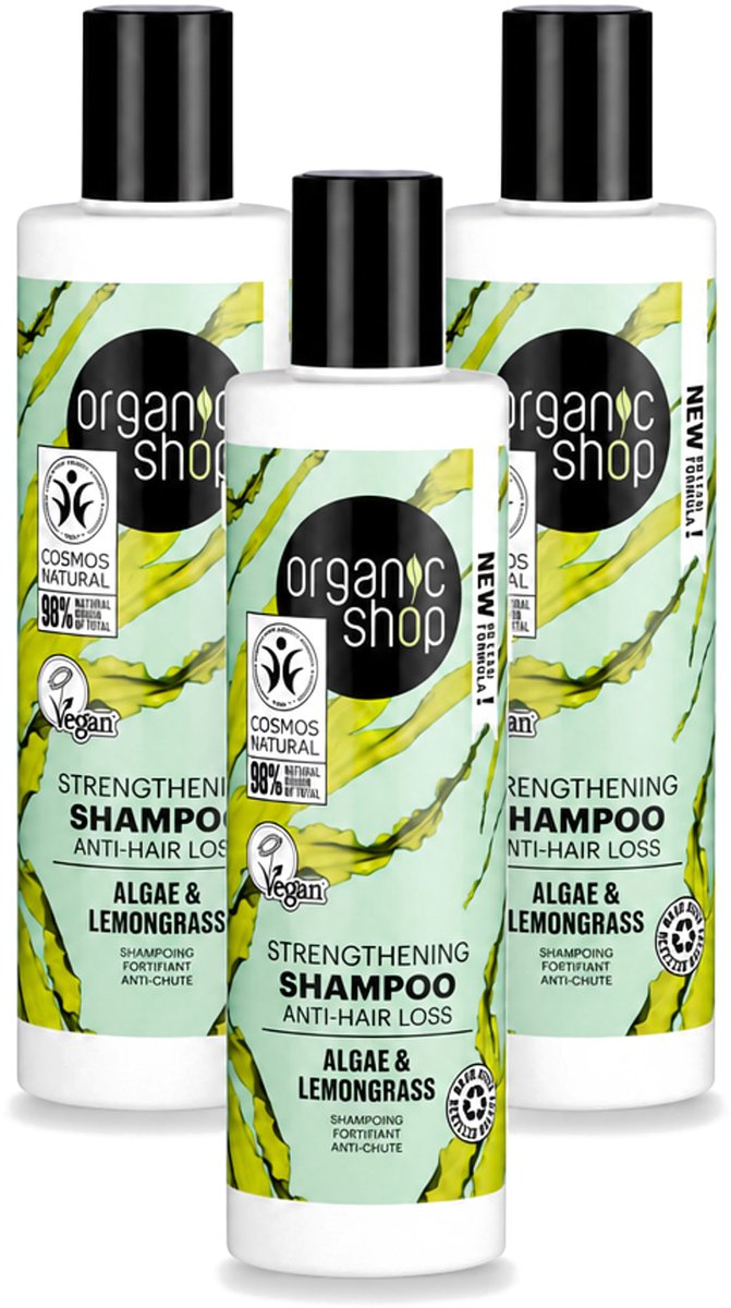 3 x Organic Shop - Algae & Lemongrass Strengthening Shampoo - Versterkend en Herstellend - 280 ml - Voordeelverpakking - 3 stuks