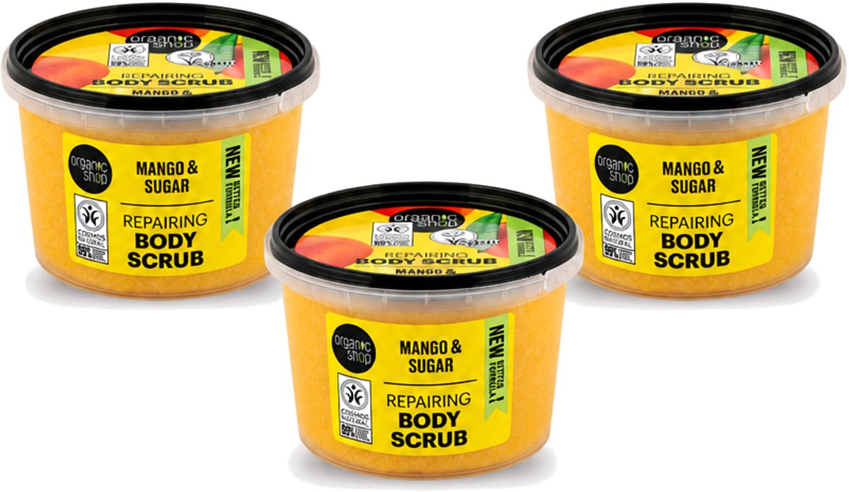 3 x Organic Shop - Organic Mango & Sugar Body Scrub - Peeling en Geur - 250 ml - Voordeelverpakking - 3 stuks
