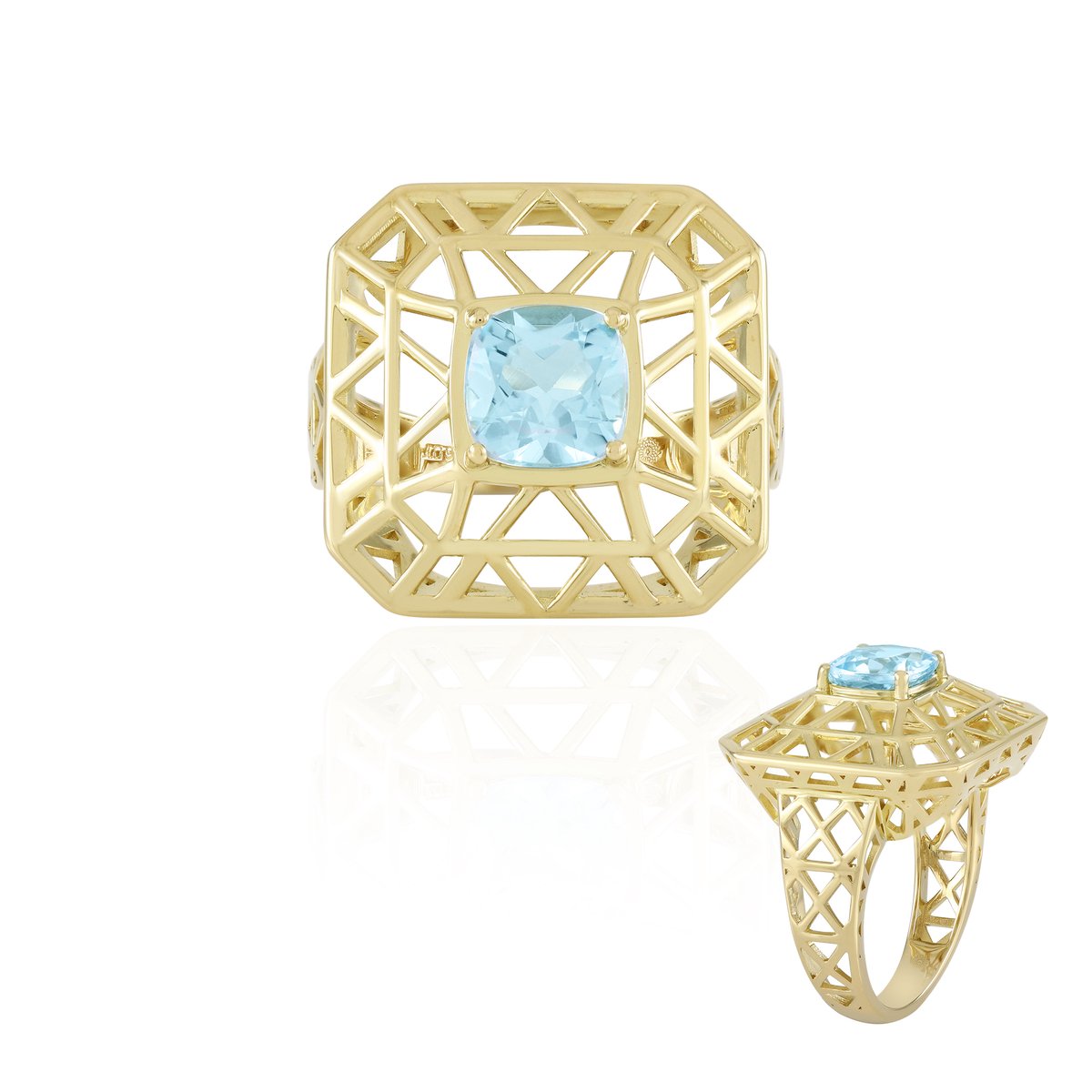 Cavill - Zilveren ring met vergulde 925 sterling - 1,71 ct hemelblauwe topaas (antiek kussenslijpsel) - Modern rasterpatroon - Elegante sieraden